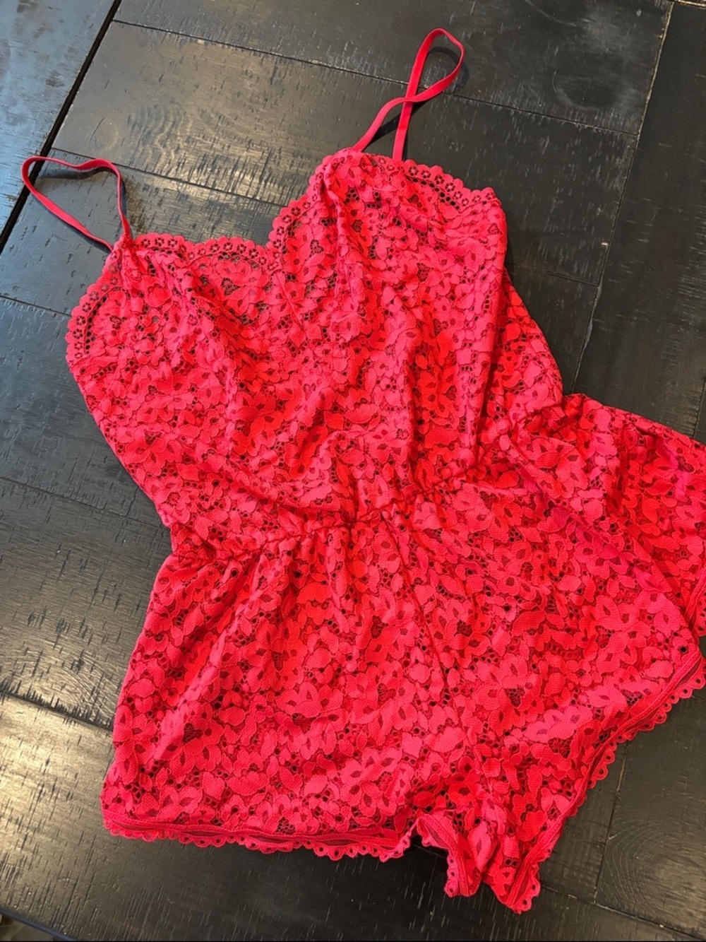 Victorias Secret Red Floral Crochet Lace Sm Teddy Shorts Lingerie Romper Small